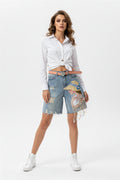 Denim Shorts Womens Heavy Industry Beauty Map Tassel Sequins Beads Broken Hole Five-point Denim Shorts Summer Y2K Straight Pants