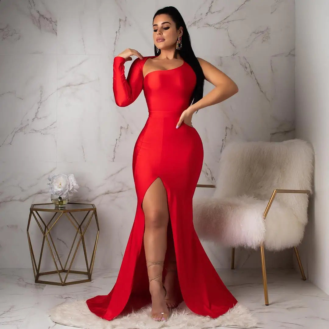 Spring Fall Longuette Long-sleeved Elastic Force Single Sleeve Slim Long Women's Dress