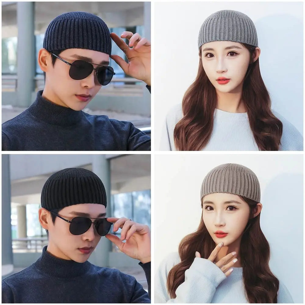 Street Solid Color Knitted Cap Brimless Keep Warm Vintage Dome Hat Elastic Melon Beanie Cap Outdoor Winter Beanie Bonnet Cap