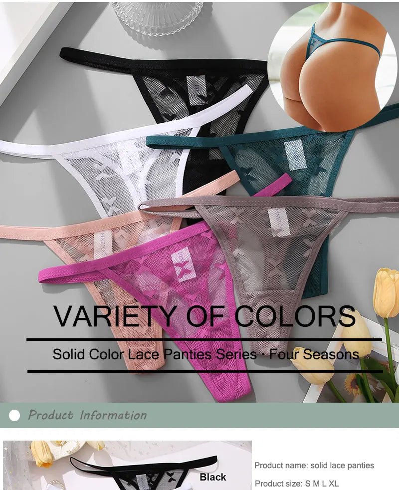 Sexy Lace Thongs Panties for Women Underwear Mesh Perspective Low Waist G-String Solid Color Ladies T-back Breathable Lingerie