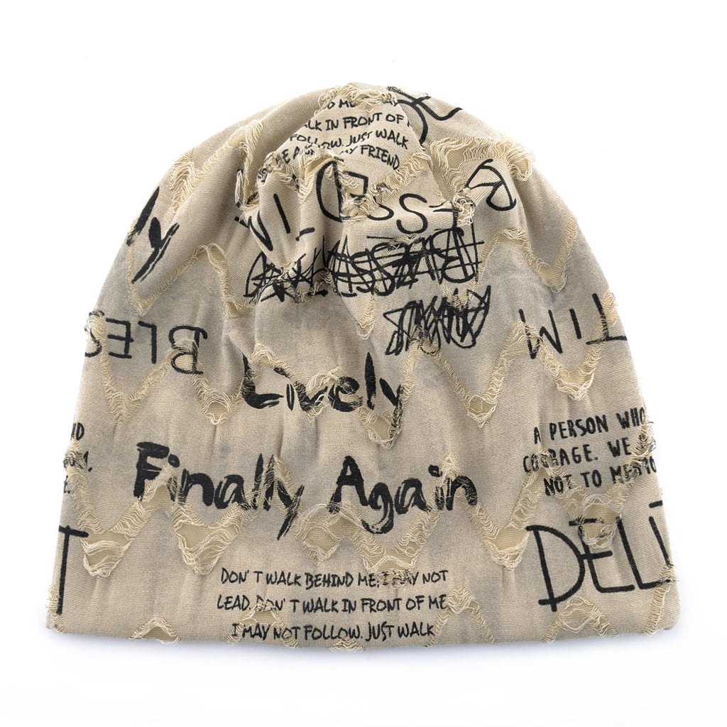 Letter Print Beanie Hats For Women Men Vintage Distressed Cracked Design Wasteland Style Spring Summer Warm Fleece-lined Winter