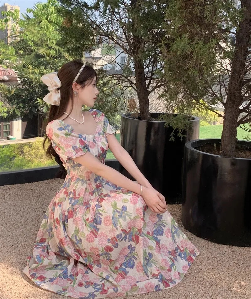 Dress Summer New Style Women's Long Dress Belly Concealing Slimming A- Line..Romantic French Floral Print Square Neck plus Size