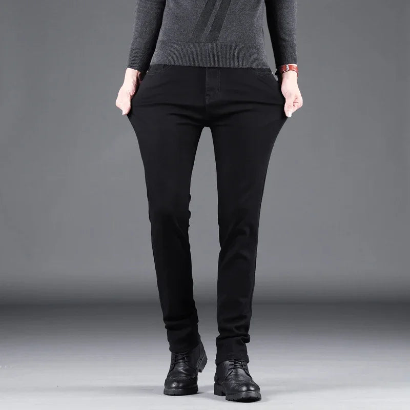 New Men's Pure Black Slim Jeans Elastic Straight Vintage Denim Pants Male