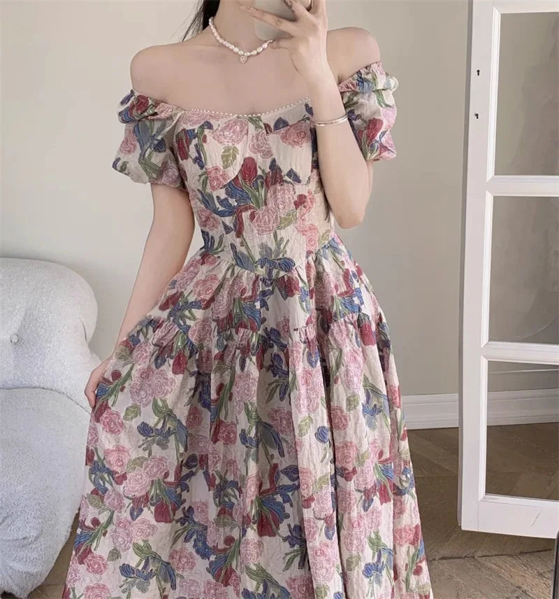 Dress Summer New Style Women's Long Dress Belly Concealing Slimming A- Line..Romantic French Floral Print Square Neck plus Size
