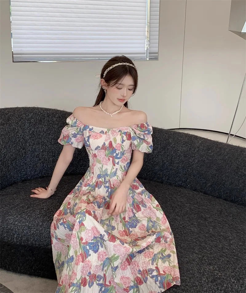 Dress Summer New Style Women's Long Dress Belly Concealing Slimming A- Line..Romantic French Floral Print Square Neck plus Size