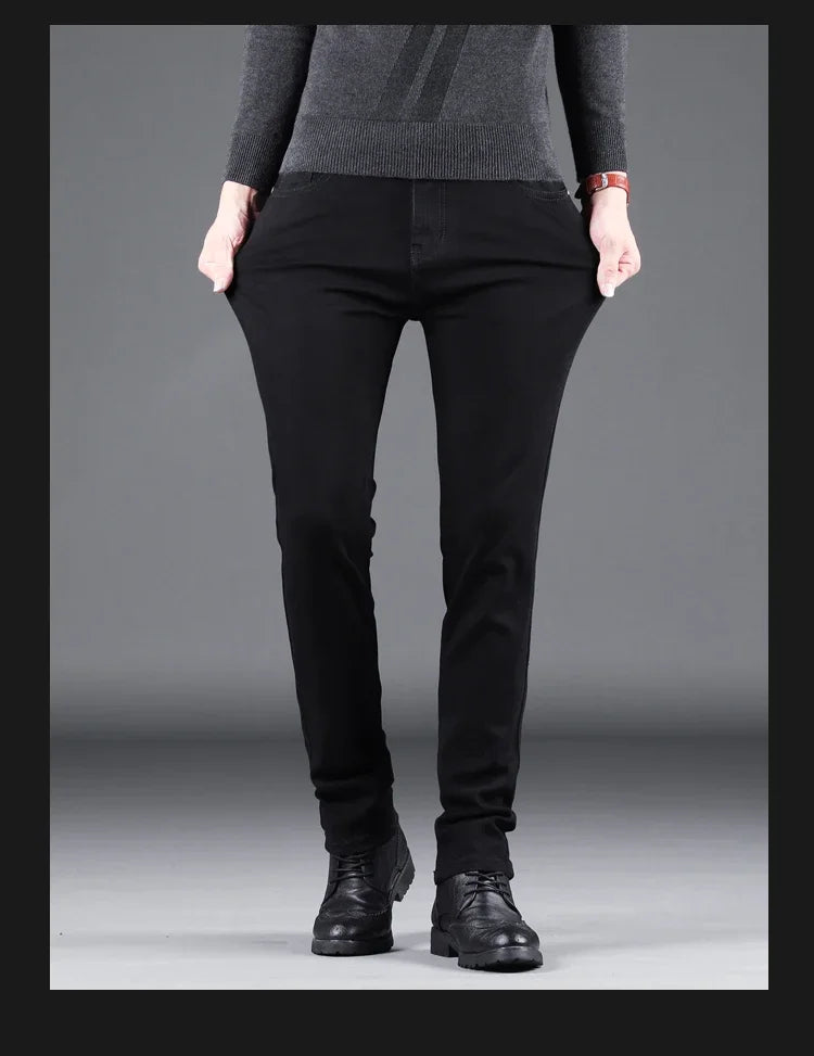 New Men's Pure Black Slim Jeans Elastic Straight Vintage Denim Pants Male