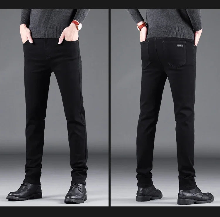 New Men's Pure Black Slim Jeans Elastic Straight Vintage Denim Pants Male