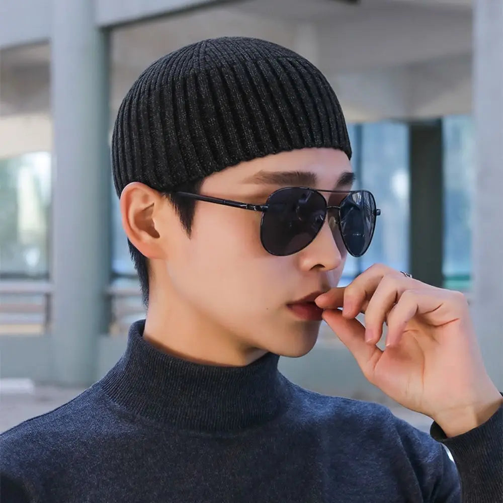 Street Solid Color Knitted Cap Brimless Keep Warm Vintage Dome Hat Elastic Melon Beanie Cap Outdoor Winter Beanie Bonnet Cap