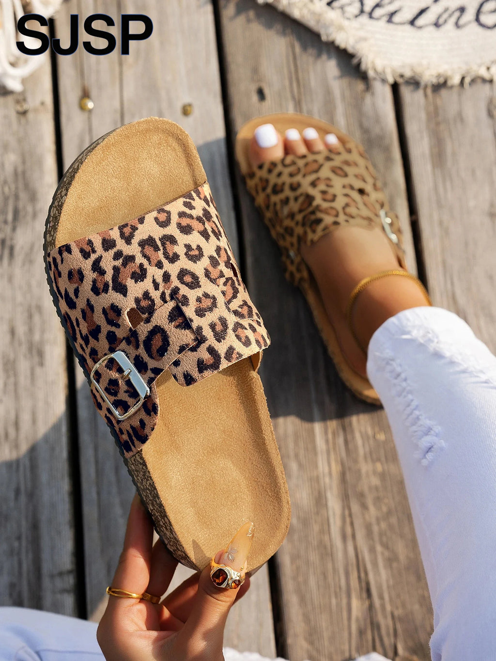 Four-Season Open-Toe Sandals for Outdoor Wear, New Spring and Autumn Women's Sandals, Simple, Casual, Fashionable, Versatile, Blue and Brown Cork Sole Sandals, Animal Print Leopard Print Slide Sandals with Adjustable Buckle S