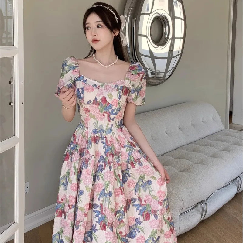 Dress Summer New Style Women's Long Dress Belly Concealing Slimming A- Line..Romantic French Floral Print Square Neck plus Size