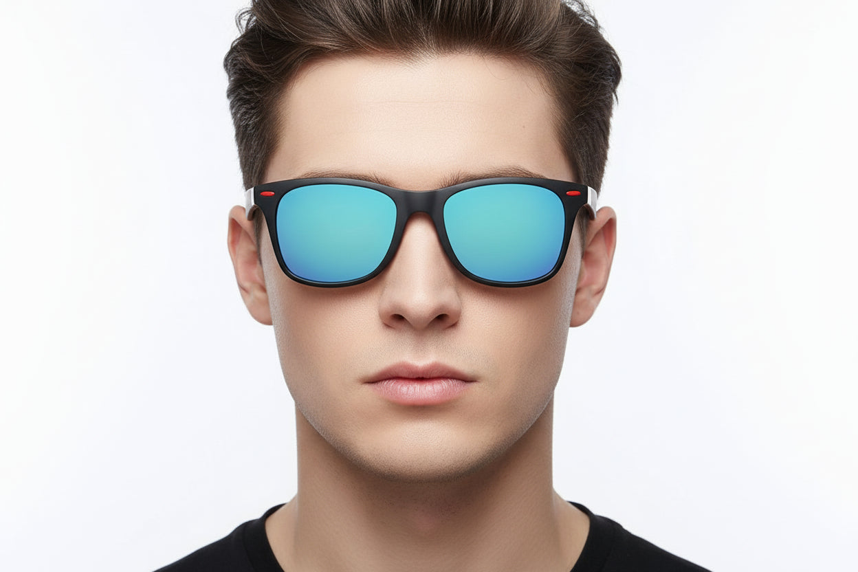 Sunglasses with blue lenses and black frame on a white background